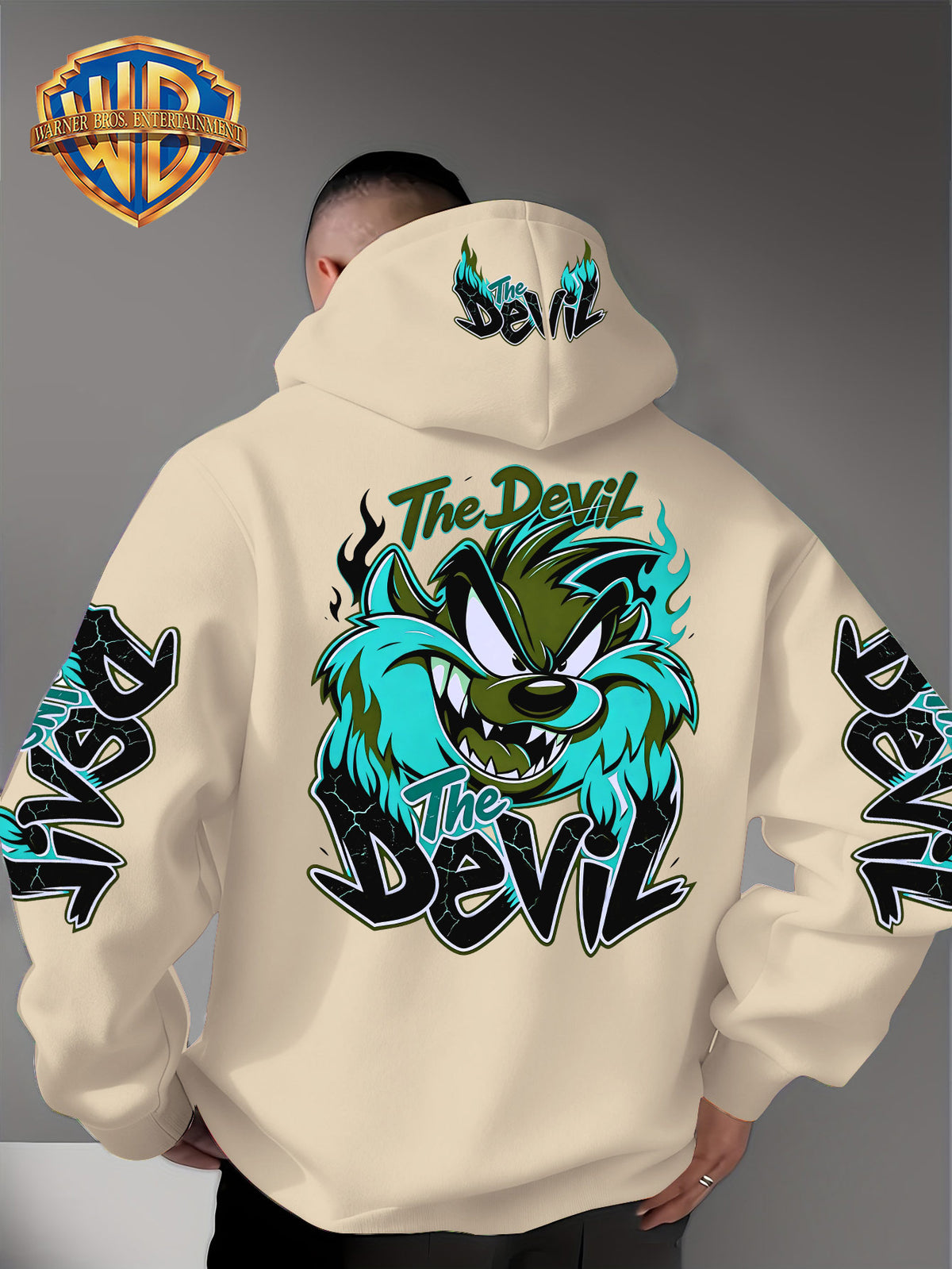 Le Yitong Big Mouth Monster The Devil Flame Print Hoodie, with Sleeve Print Design, Kangaroo Pouch And Drawstring Hood, Suitable for Autumn/Winter Casual Wear And Outdoor Activities - Apricot