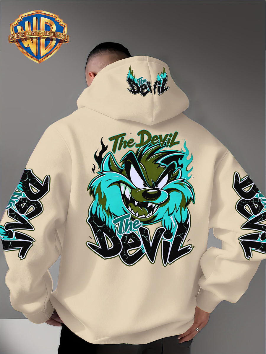 Le Yitong Big Mouth Monster The Devil Flame Print Hoodie, with Sleeve Print Design, Kangaroo Pouch And Drawstring Hood, Suitable for Autumn/Winter Casual Wear And Outdoor Activities - Apricot