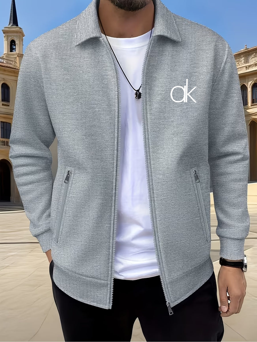Men'S Waffle Texture Lapel Jacket - Minimalist Letter Print - Premium Texture And Layered Feel - Soft, Breathable, Comfortable, Versatile - Functional Pockets for Storage - Ideal for Business Commute, Casual Wear, And Travel - Grey 1