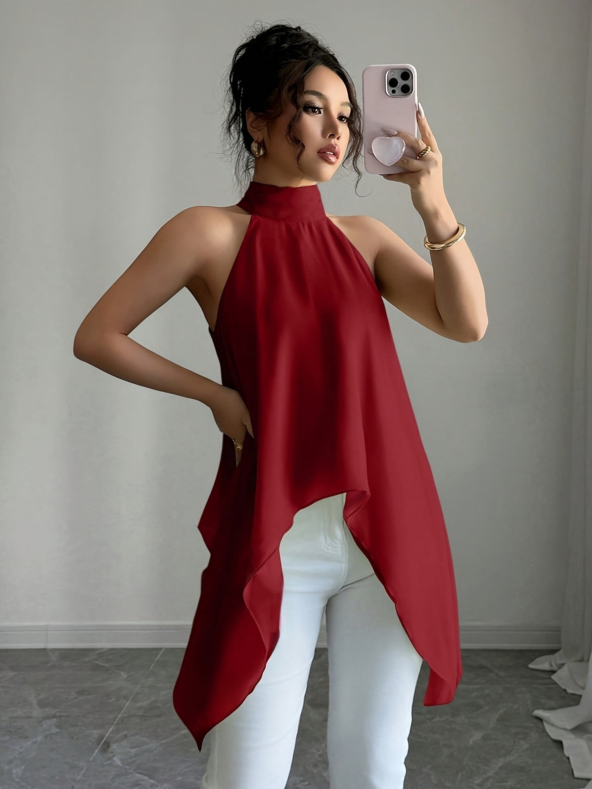Spring-Summer Elegant Fashion Design Halter Tie-Neck Shirt - Burgundy