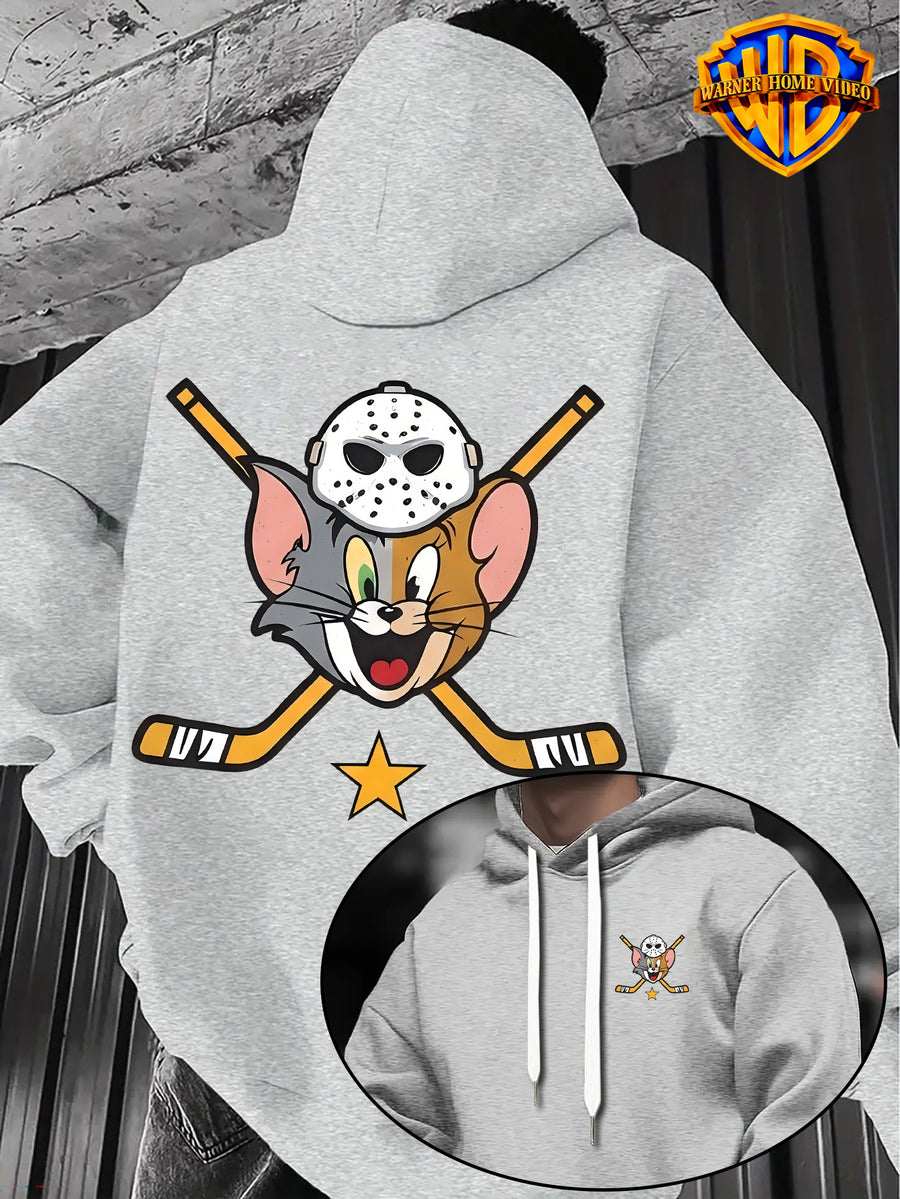[Officially Licensed by Warner Bros] 1pc, American Retro League Badge Cartoon Character Creative Casual Hoodie - Men'S Fashion Sweatshirt with Double-Sided Print, Adjustable Drawstring Loose Comfortable Hoodie, Suitable for Daily And Outdoor Wear - Light Grey