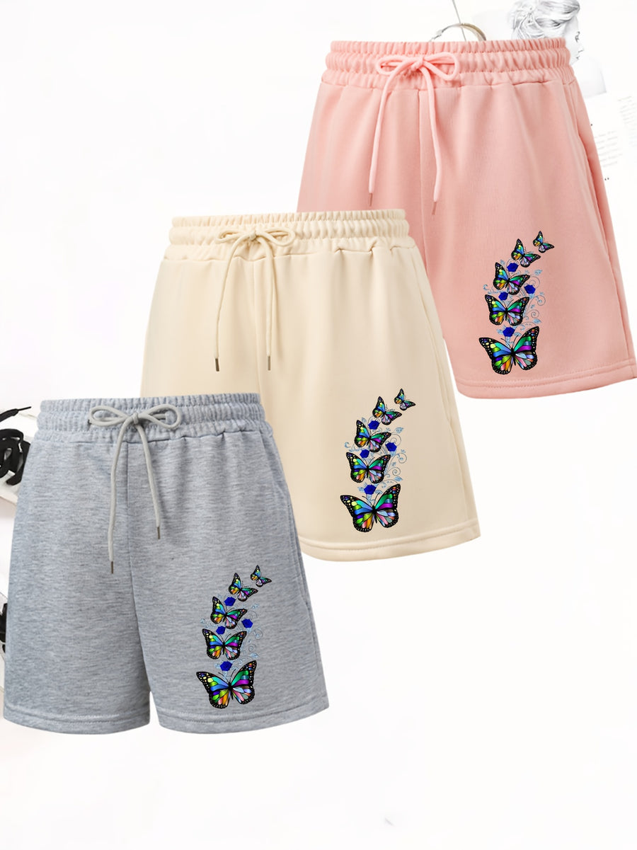 3pcs Women's Elegant Casual Jogger Shorts - Butterfly Print, Drawstring Loose Fit Summer Vacation s Pants, Machine Washable - Gray+Apricot+Pink
