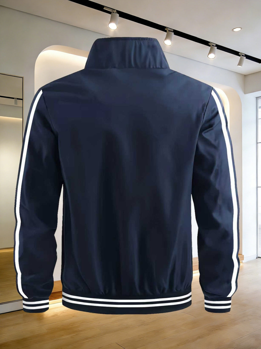 Men's Spring/Autumn Stand Collar Baseball Jacket with "BLACK" Lettering and Diamond Pattern Print, Zipper Front with Contrast Stripes, Lightweight Casual Windproof Sports Jacket - Sea Blue
