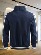 Men's Spring/Autumn Stand Collar Baseball Jacket with "BLACK" Lettering and Diamond Pattern Print, Zipper Front with Contrast Stripes, Lightweight Casual Windproof Sports Jacket - Sea Blue