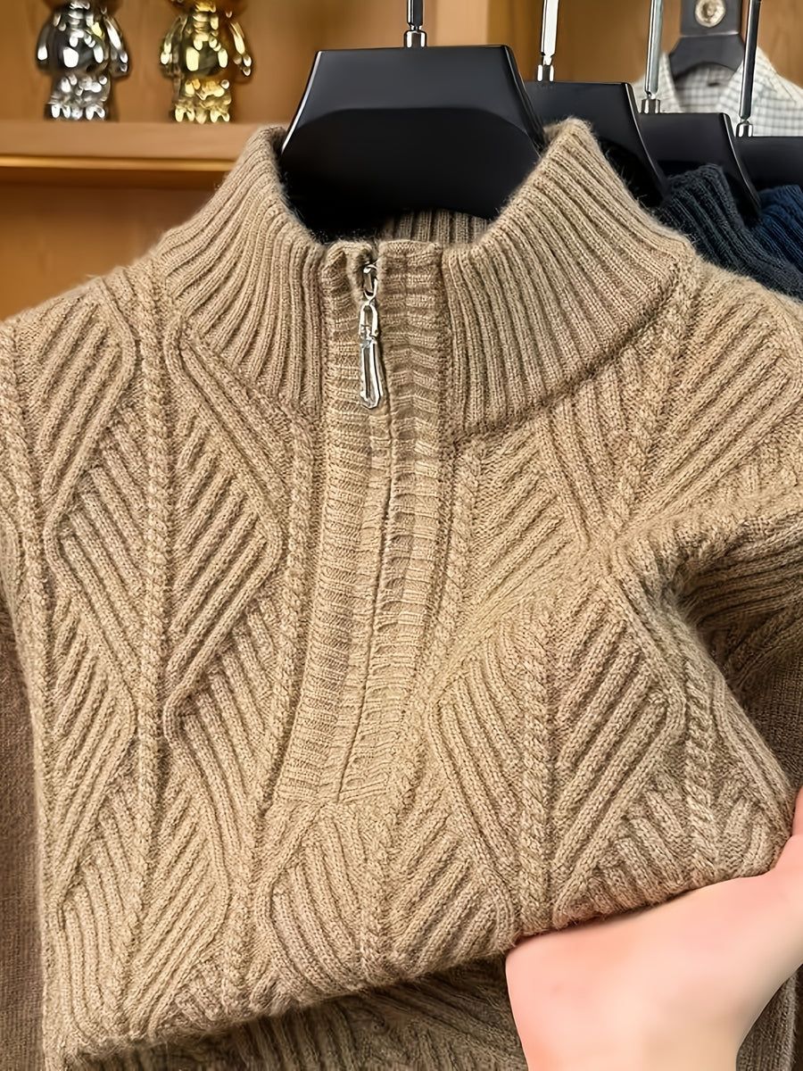Men's Autumn/Winter Half-Turtleneck Zipper Sweater, Business Casual Pullover Base Layer Top - Khaki