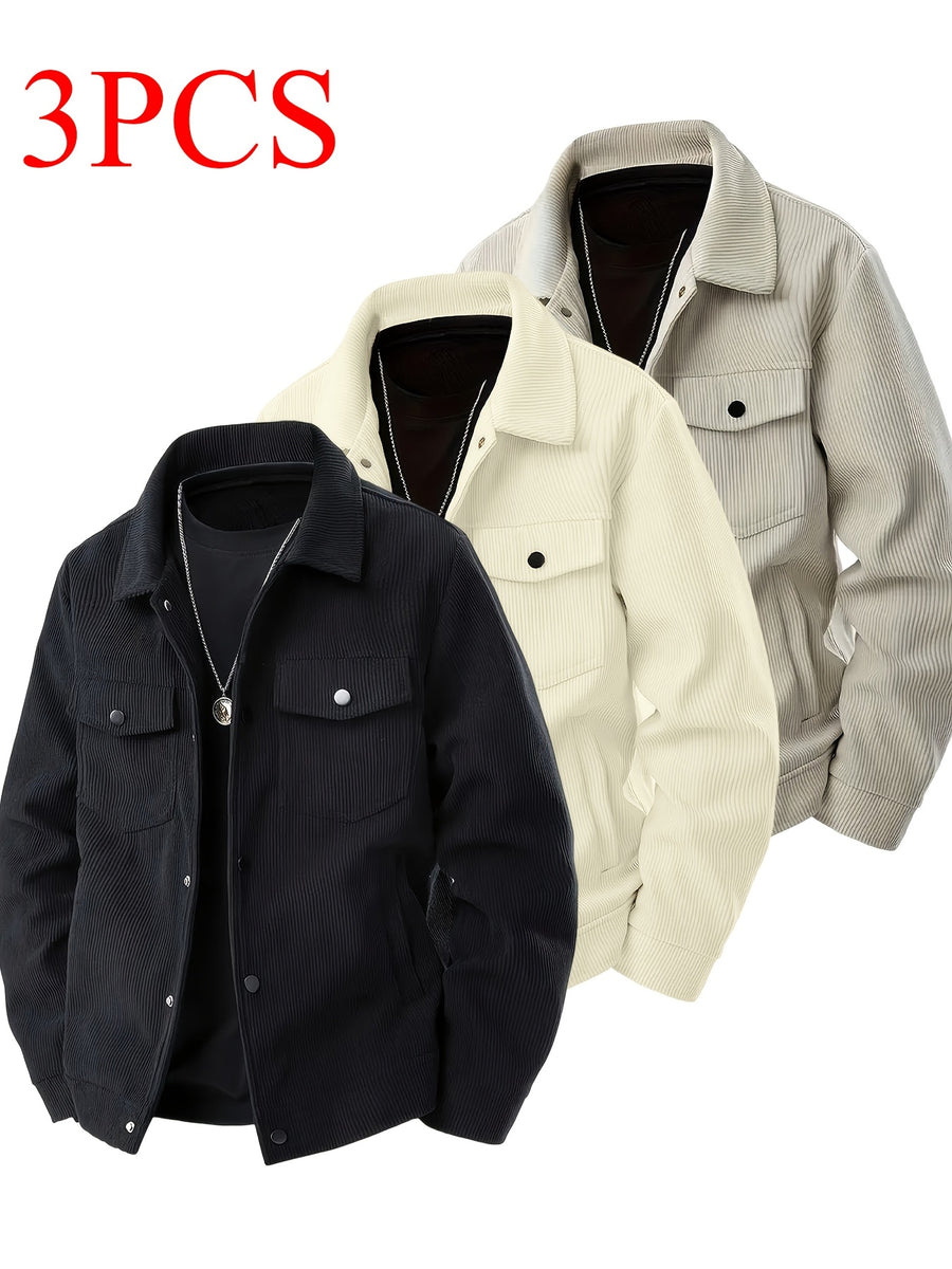 Joshmei OBM Autumn/Winter New Arrival Men's Solid Color Fashion Multi-Pocket Button-Up Cargo Jacket Outerwear 3pcs Set - Black+white+khaki