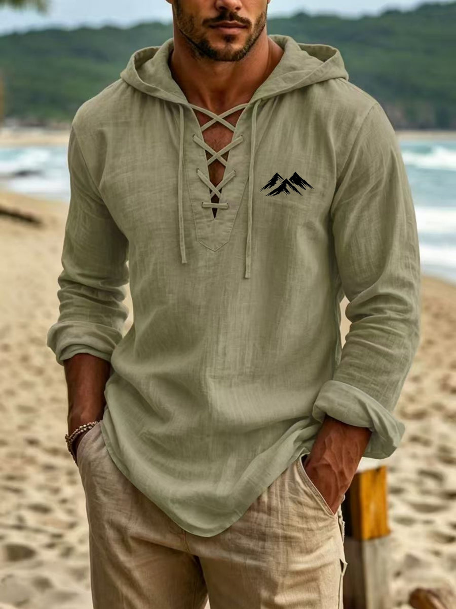 Outdoor Mountain Men's Linen Hooded Long-Sleeve Shirt with Hand-Painted Mountain Silhouette Print to Enhance Apparel Recognizability. Creative Cross-Tie Collar Adds Rich Layering. Long Sleeves and Hooded Design Create an Atmospheric Men's Outfit - Green