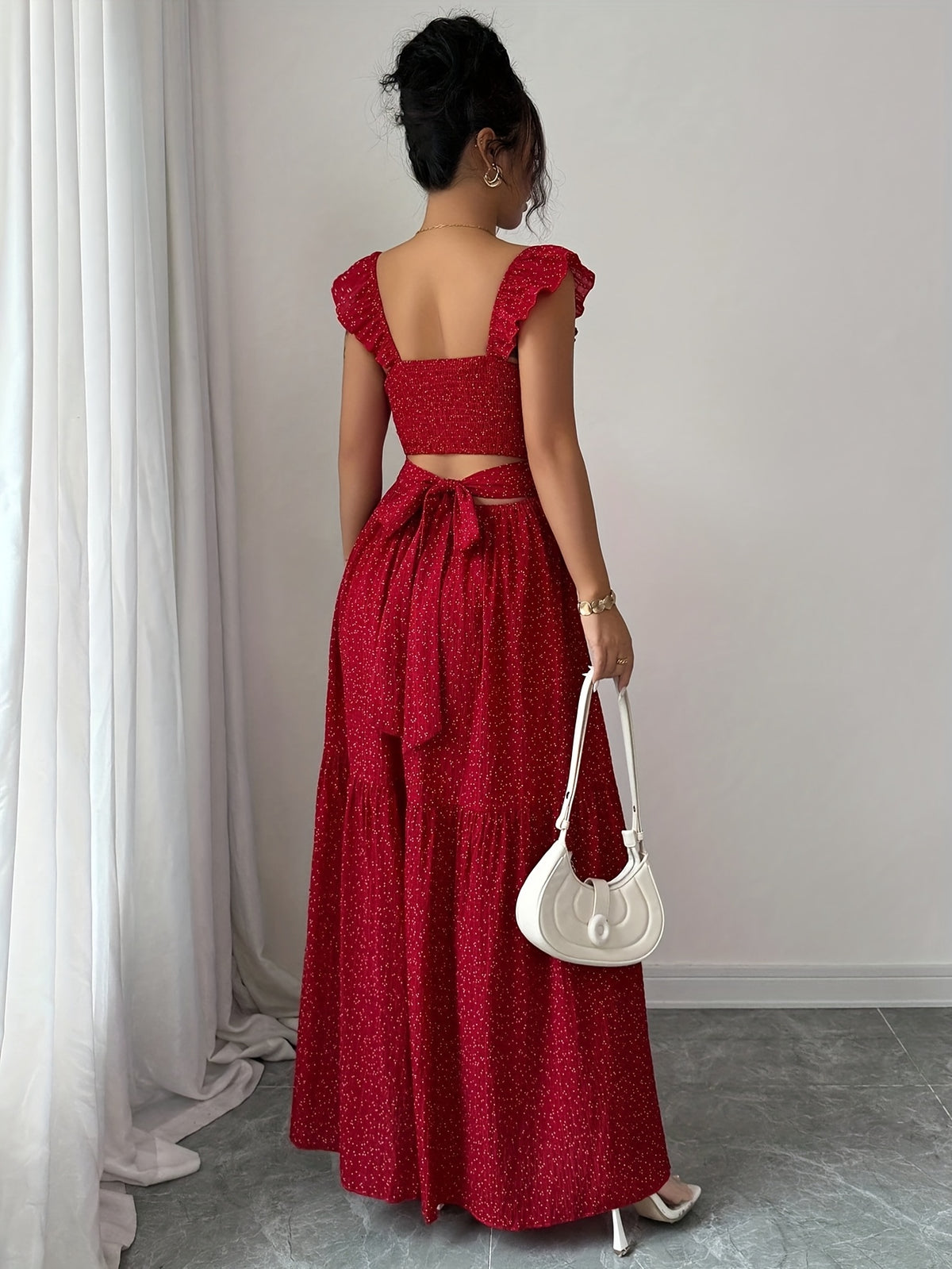 Elegant Casual Vacation Square Neck Lotus Dancing Sleeve Polka Dot Printed Textured Checkered Chiffon Fabric Back Tie Pleated Full Skirt Spring Summer Red Women'S Dress Summer Summer Women'S Long Skirt Vacation Dress Women'S Polka Dot Dress Elegant - Red