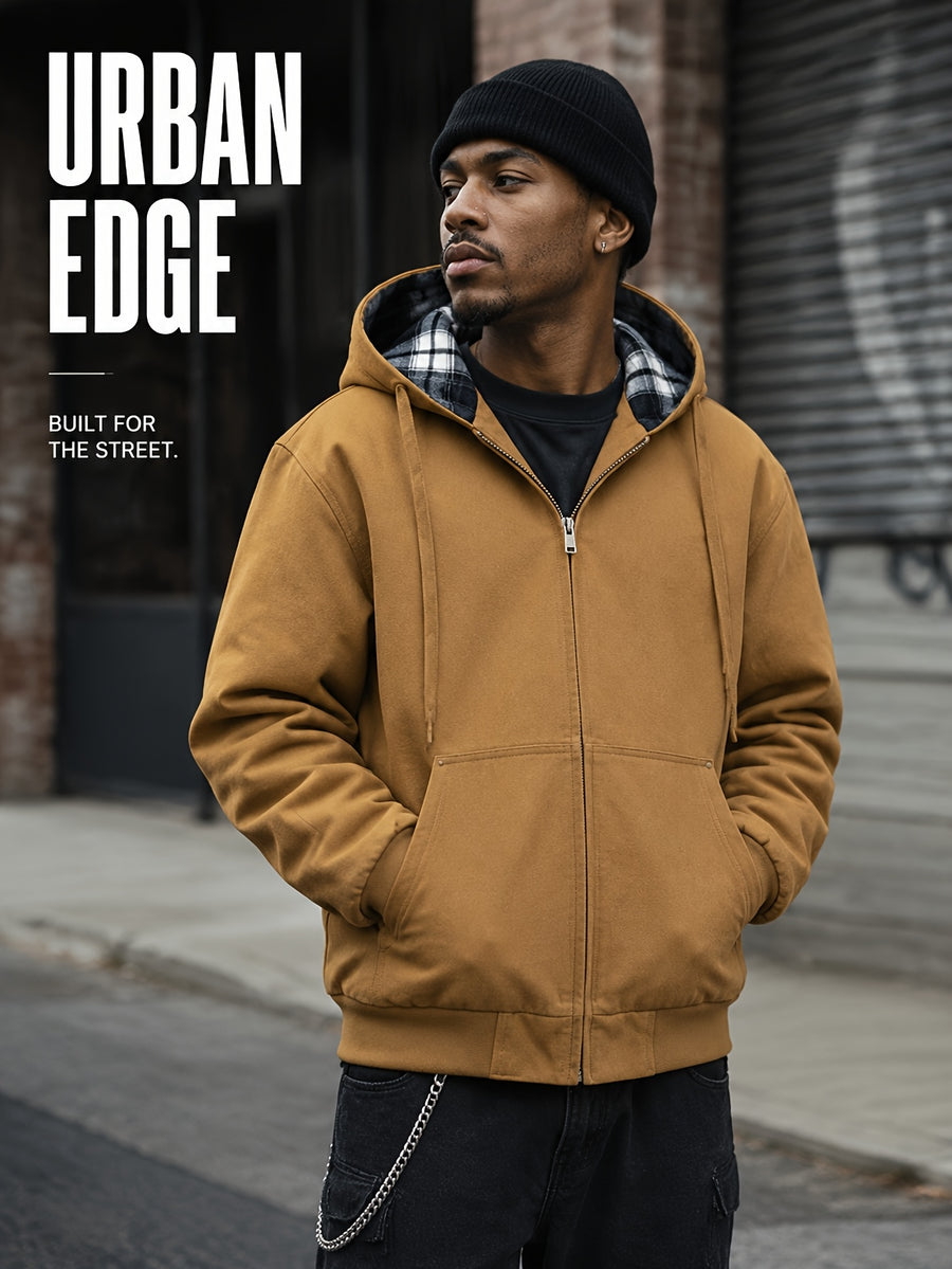 Men'S Full-Zip Hooded Jacket, Non-Removable Hood with Plaid Lining, Drawstring Hood Design, Large Kangaroo Pockets, Ribbed Cuffs And Hem, Loose Fit, Urban Street Casual Cargo Jacket - Dark Khaki