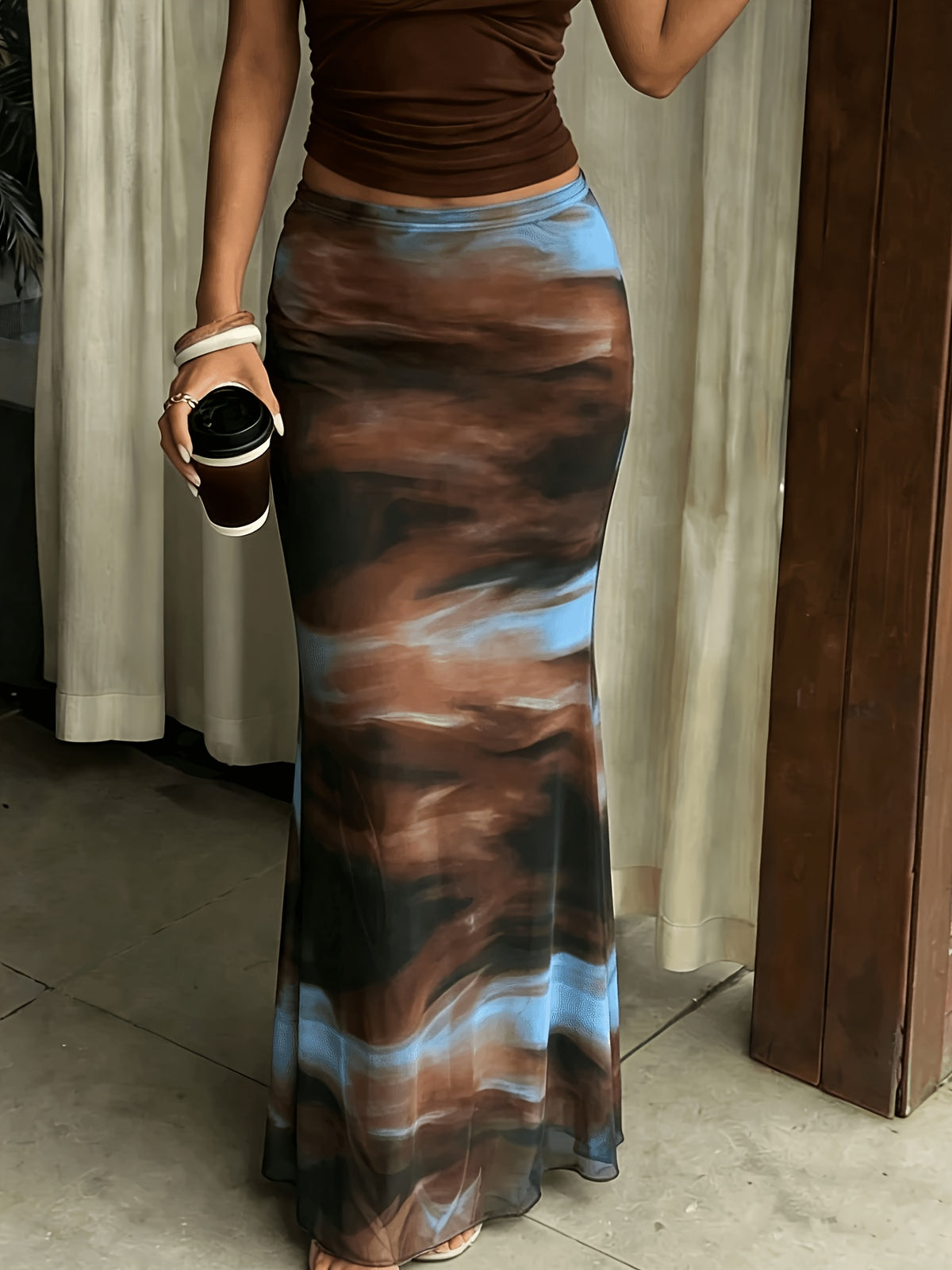 Women'S Y2K Aesthetic Style High-Waisted Mesh Gradient Floral Skirt - Elegant And Fashionable Slim-Fitting Fish Tail Long Dress, for Daily Wear/Dating/Vacation - Blue