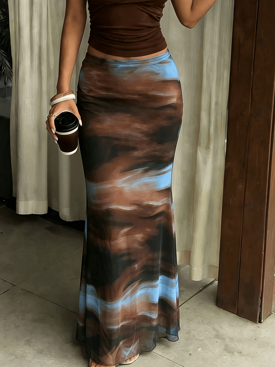Women'S Y2K Aesthetic Style High-Waisted Mesh Gradient Floral Skirt - Elegant And Fashionable Slim-Fitting Fish Tail Long Dress, for Daily Wear/Dating/Vacation - Blue
