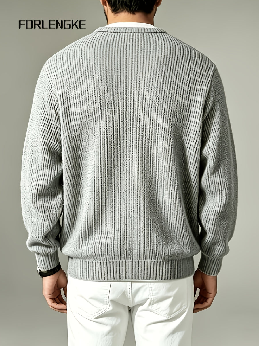 FORLENGKE Men'S Faux 2pcs V-Neck Sweater Autumn New Heavyweight Thick Needle Color-Block Knitwear, Easy Small V-Neck Design Creating Layered Look, Soft And Thick Fabric Comfortable And Skin-Friendly, Loose And Versatile Fit - Grey