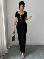 Women'S Elegant Romantic Black Heart Neck Bow Tie Waist Cincher Design Short Sleeve Bodycon Long Dress, Spring Summer Style, Suitable for Daily Office, Party, Travel, Elegant Dress, Sexy Dress - Black