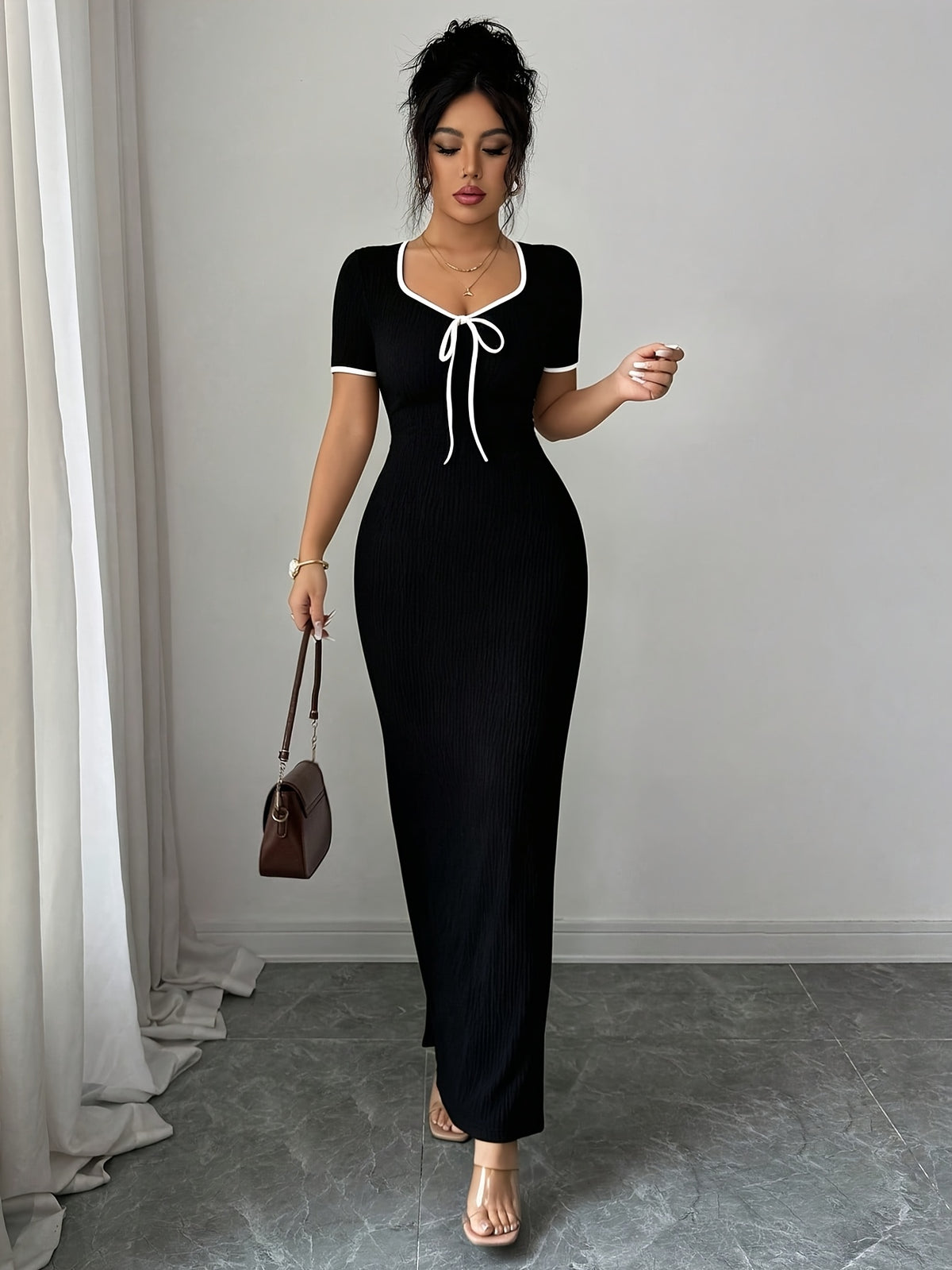 Women'S Elegant Romantic Black Heart Neck Bow Tie Waist Cincher Design Short Sleeve Bodycon Long Dress, Spring Summer Style, Suitable for Daily Office, Party, Travel, Elegant Dress, Sexy Dress - Black