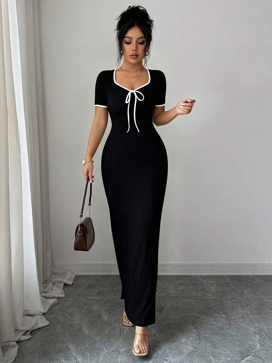 Women'S Elegant Romantic Black Heart Neck Bow Tie Waist Cincher Design Short Sleeve Bodycon Long Dress, Spring Summer Style, Suitable for Daily Office, Party, Travel, Elegant Dress, Sexy Dress - Black