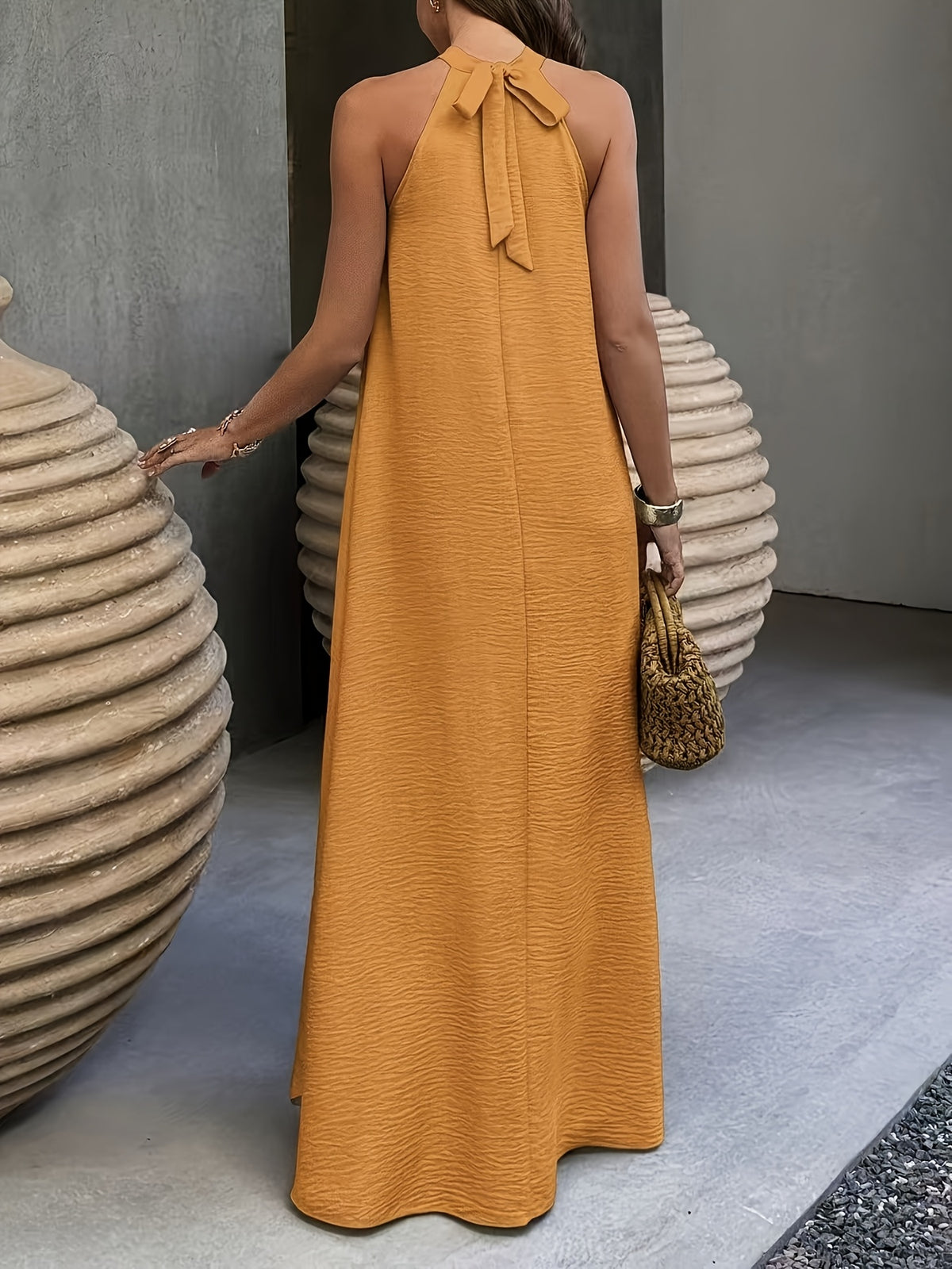 Ancient City Bohemian Style Dress, Vacation Style, Ribbed Neckline, Suitable for Spring Summer, Beach Dress, Women'S Long Summer Dress Clothing - Yellow