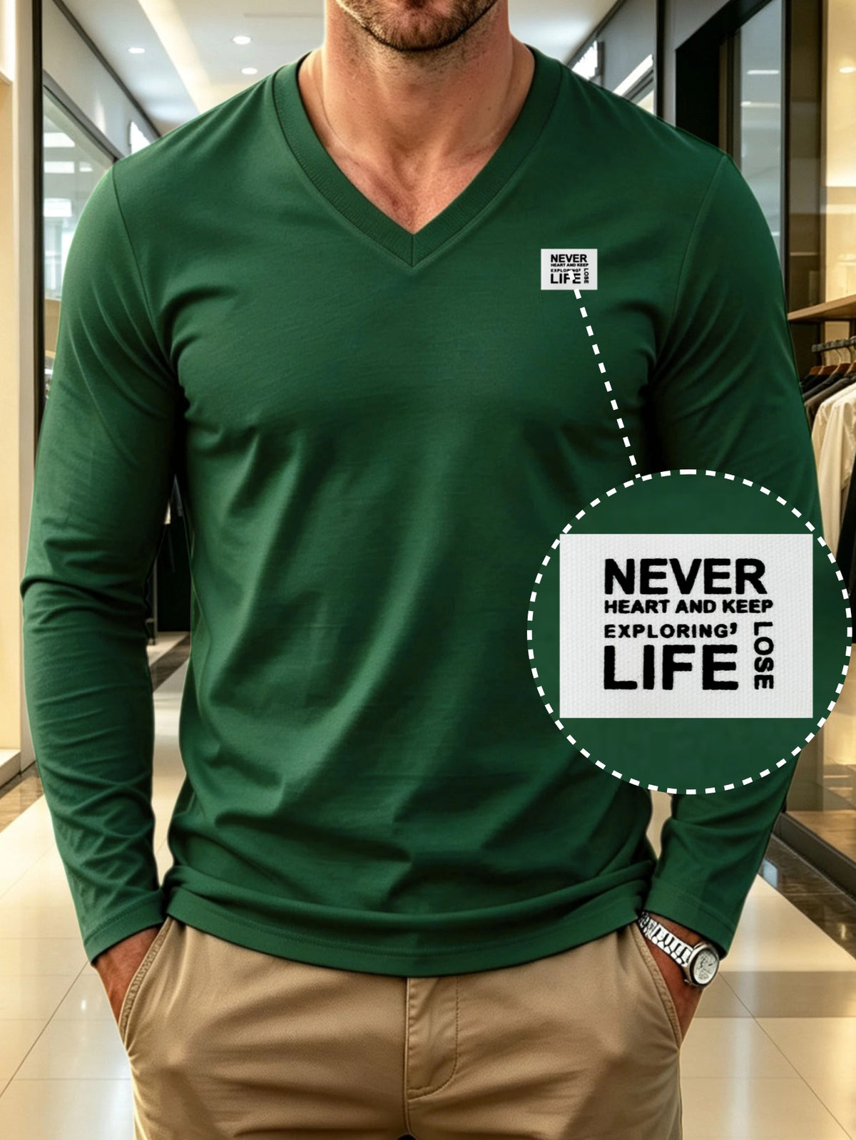 100% Cotton Men's V-Neck Long Sleeve Crewneck T-Shirt, Men's Knit Sweatshirt, Casual Sporty Outdoor Top, Versatile Men's Casual T-Shirt, Back-to-School Season, Gift for Friends - Dark Green 2