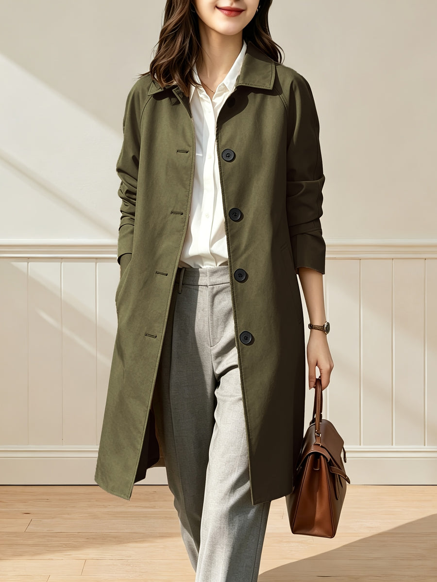 Women'S British Style Mid-Length Trench Coat, Easy And Atmospheric Commuter Temperament Style Jacket, Non-Picky Body Farewell to Passerby Look, Unlined Fabric Style - Green