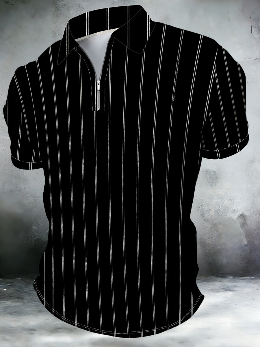 Men'S Fashion Zip Collar Polo Shirt Summer Short Sleeve Business Casual Striped Top Trendy Slim Fit Versatile T-Shirt - Mixed colors