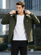Men's Vintage Military Green Bomber Jacket with Lapel Collar & Zipper Closure - Loose Fit Multi-Pocket Coat Suitable for Spring/Autumn, Casual Streetwear Outerwear, Hand Washable Retro Blazer - fern green