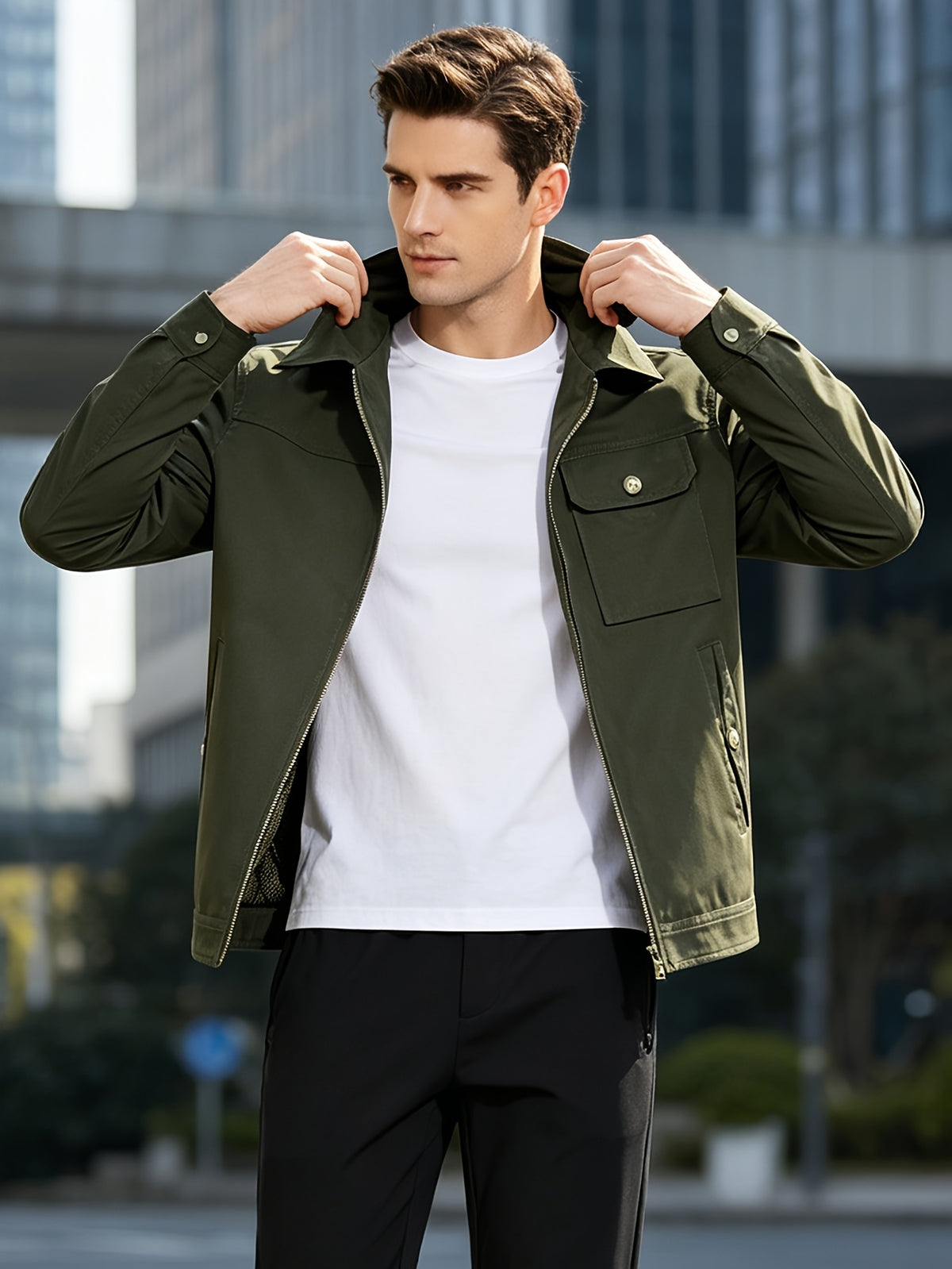 Men's Vintage Military Green Bomber Jacket with Lapel Collar & Zipper Closure - Loose Fit Multi-Pocket Coat Suitable for Spring/Autumn, Casual Streetwear Outerwear, Hand Washable Retro Blazer - fern green