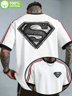 WB Warner Bros. Authentic New Men's Raglan Double-Stripe 100% Pure Cotton T-Shirt, Featuring a Hand-Drawn Draft-Style Superman Core Emblem Print with Distressed Thread Design. A Versatile Casual Cotton Tee for Men, Suitable for Daily Wear and Outdoor - White