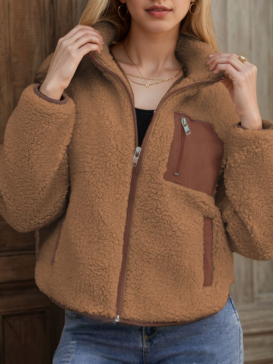 Applique Contrast Trim Zipper Cardigan Casual Plush Jacket - Coffee Color