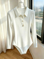 Minimalist Casual Style Metal Buckle Polo Collar Women's Stretchy Slim-Fit Long Sleeve Bodysuit - White