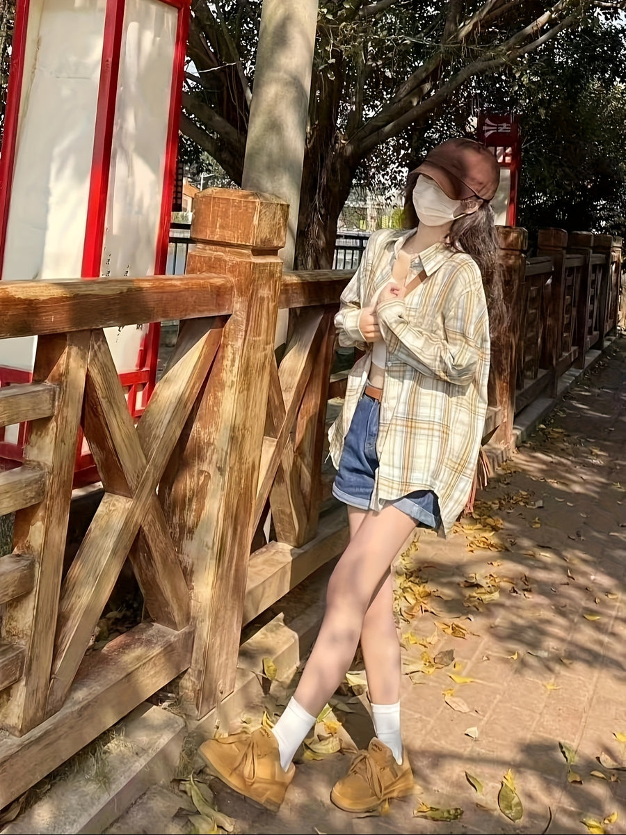 Women'S Shirt Multicolor Brushed Plaid Shirt Loose Top - ginger-colored