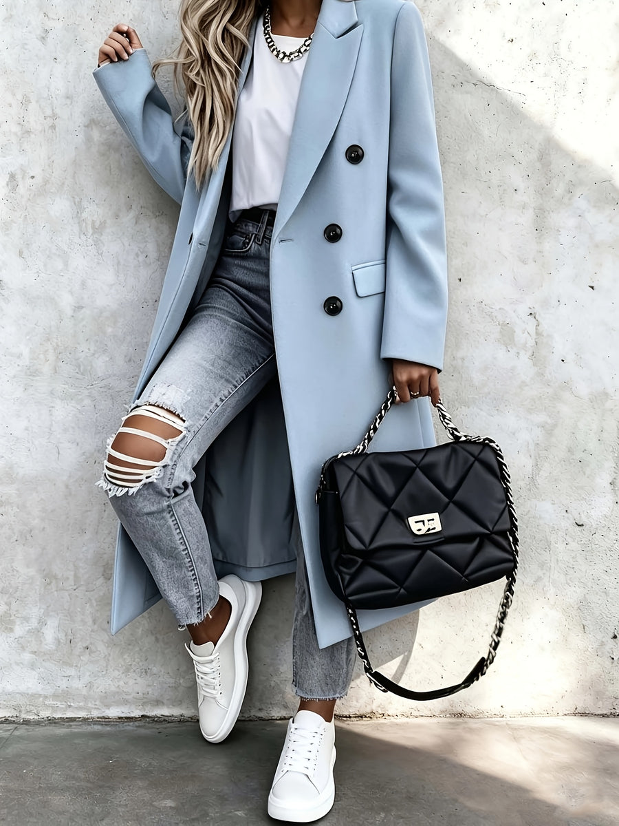 Over-The-Knee Long Premium Design Style Long Sleeve Trench Coat Women'S New Suit Collar Double-Breasted Casual Coat Jacket - Sky Blue