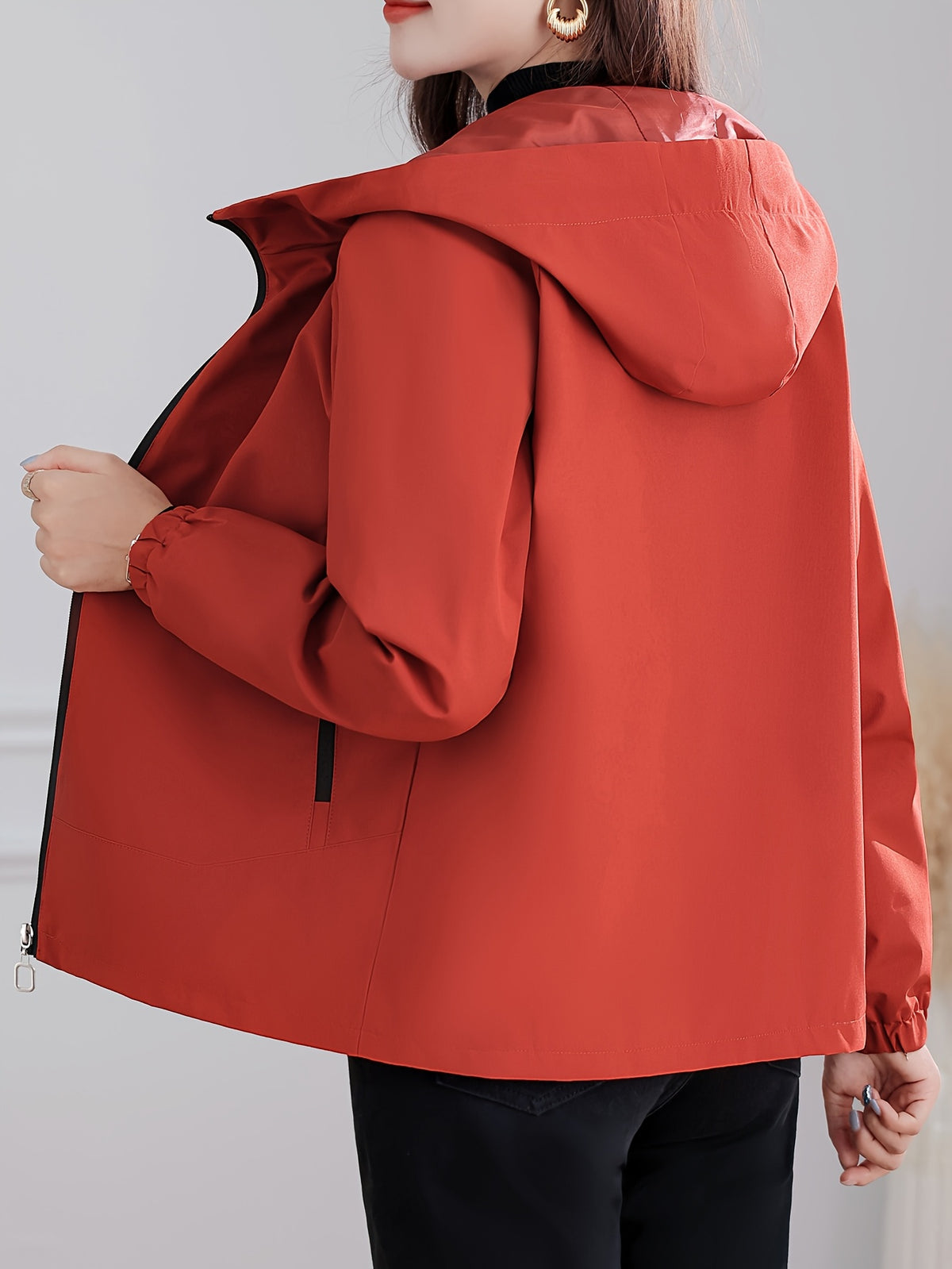 Autumn/Winter -Lined Jacket, Outdoor Hooded Women's Top for Daily Outings, Loose Fit Long-Sleeve Cardigan, Wear-Resistant, Thickened, and Warm for Commuting, Strolling, Hiking, Simple and Versatile Women's Outdoor Casual Top - Brick Red