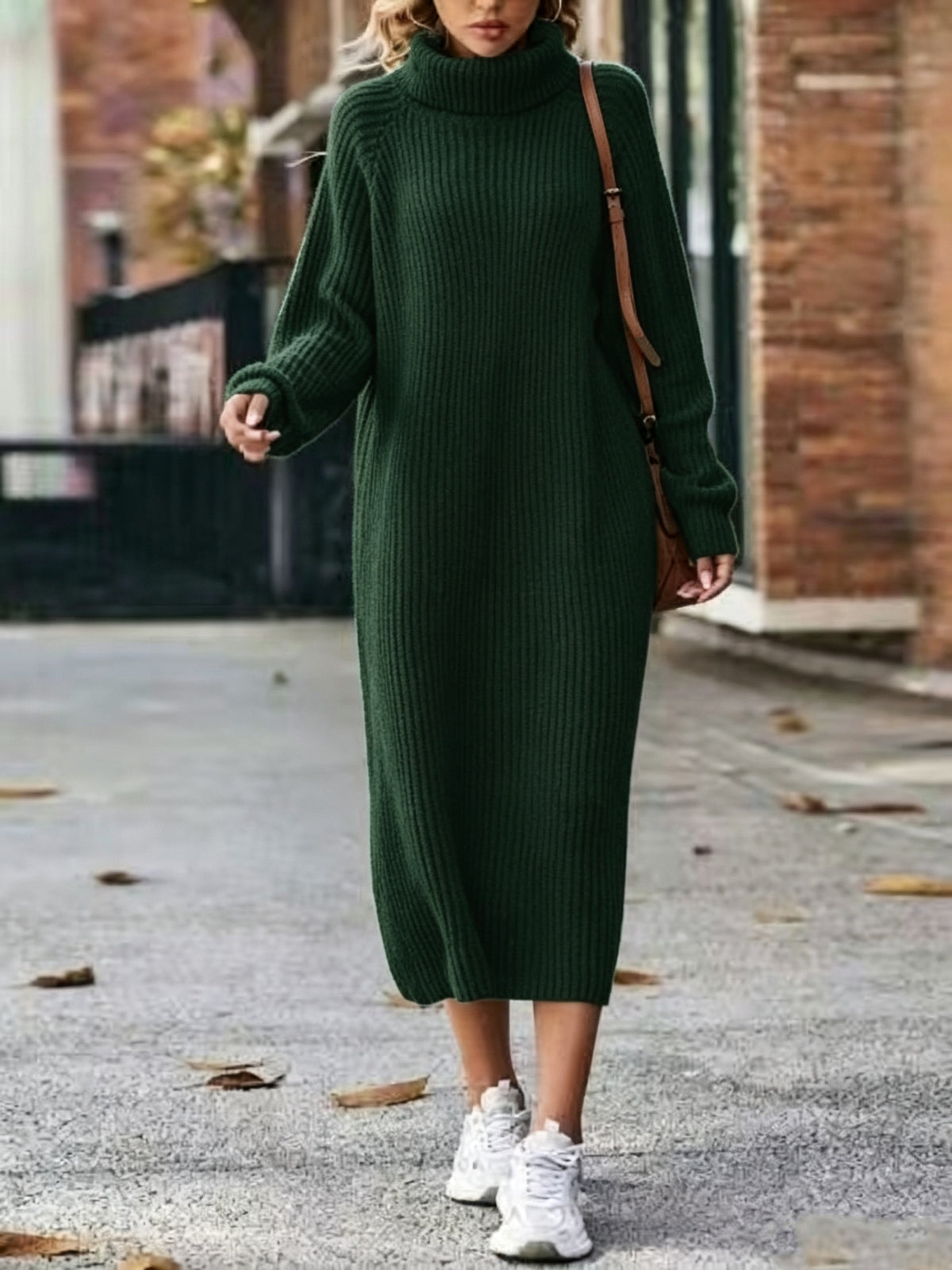 YYTT Autumn/Winter Vintage High Neck Dress for Women, Slouchy Rolled Neck Long Sleeve Loose Fit Long Sweater Dress, Lazy Layering Base Long Dress, Outerwear and Inner Layer Top, Casual for Home, Commuting, Comfortable and Stylish - Dark Green