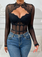 Pure Desire Style Black Lace Mesh Long-Sleeved Stand-Up Collar Hollow Waist-Cinching Women'S Jumpsuit Top Sexy Slim Party Street Jumpsuit Nightclub Party Street Pure Desire Style Jumpsuit Women - Black