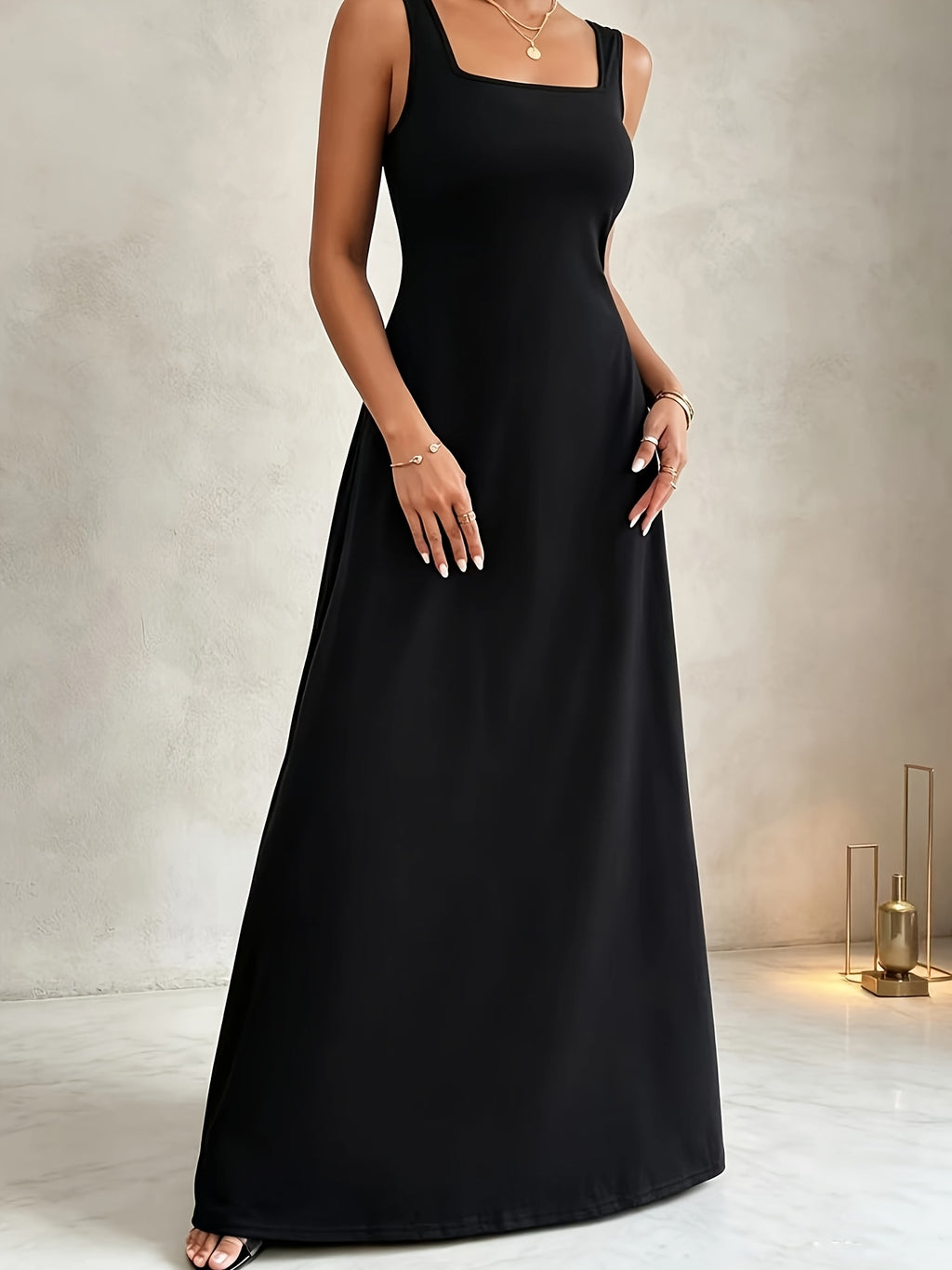 Women's Elegant Square Neck Sleeveless Knit Dress - Summer Lightweight Solid Color Machine Washable Versatile Casual to Formal Wear, Everyday Fashion, Sophisticated Style - Black