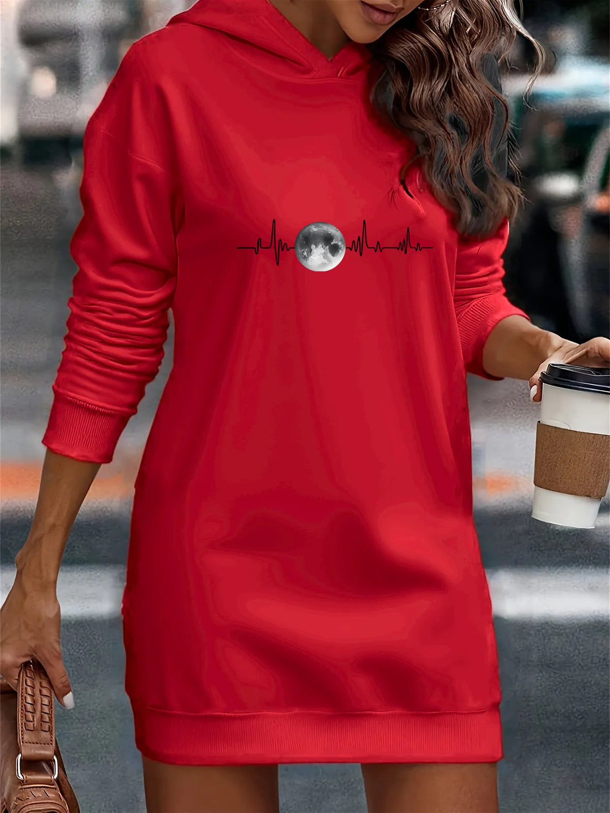 Women'S Casual Hooded Sweatshirt Dress, Long Length Hoodie, Loose Comfortable Fit, Thin All-Season Wear, Breathable Non-Stuffy Fabric, Easy Printed Pattern, Red | Sky Blue | Black Available - Red