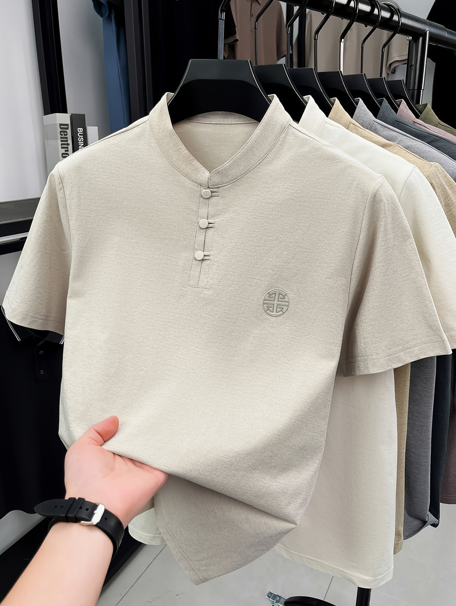 Men's Chinese Mandarin Button-Up Stand Collar T-Shirt - Breathable Loose Fit Short Sleeve Round Neck Top with Mandarin Collar, Suitable for Casual Wear, Traditional Chinese Style Button Collar Shirt - Beige Apricot
