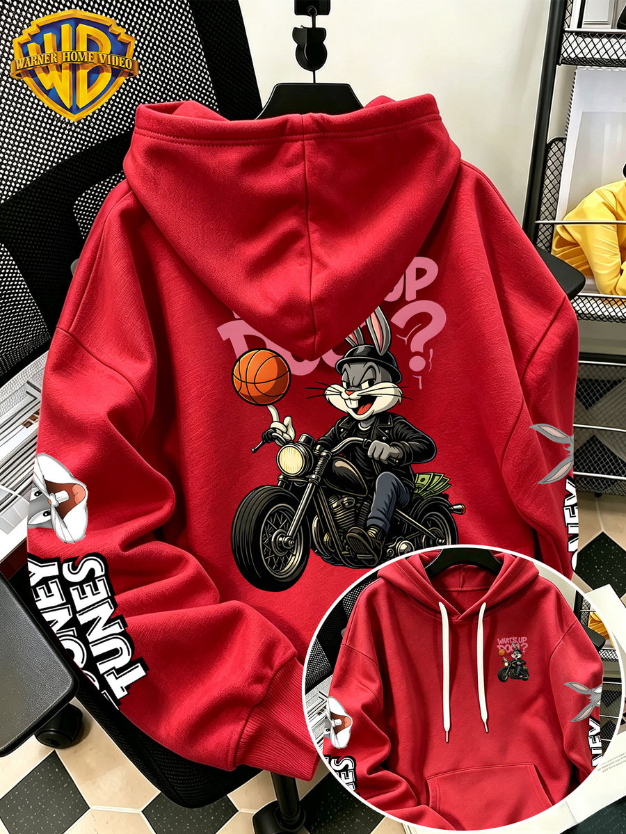 [Warner Bros] Licensed Men'S New Trendy Hoodie, Biker Motorcycle Basketball Street Cartoon Print Casual Pullover Sweatshirt, Everyday Drawstring Loose Top, Machine Washable All-Match Sports Casual Men'S Top - Red
