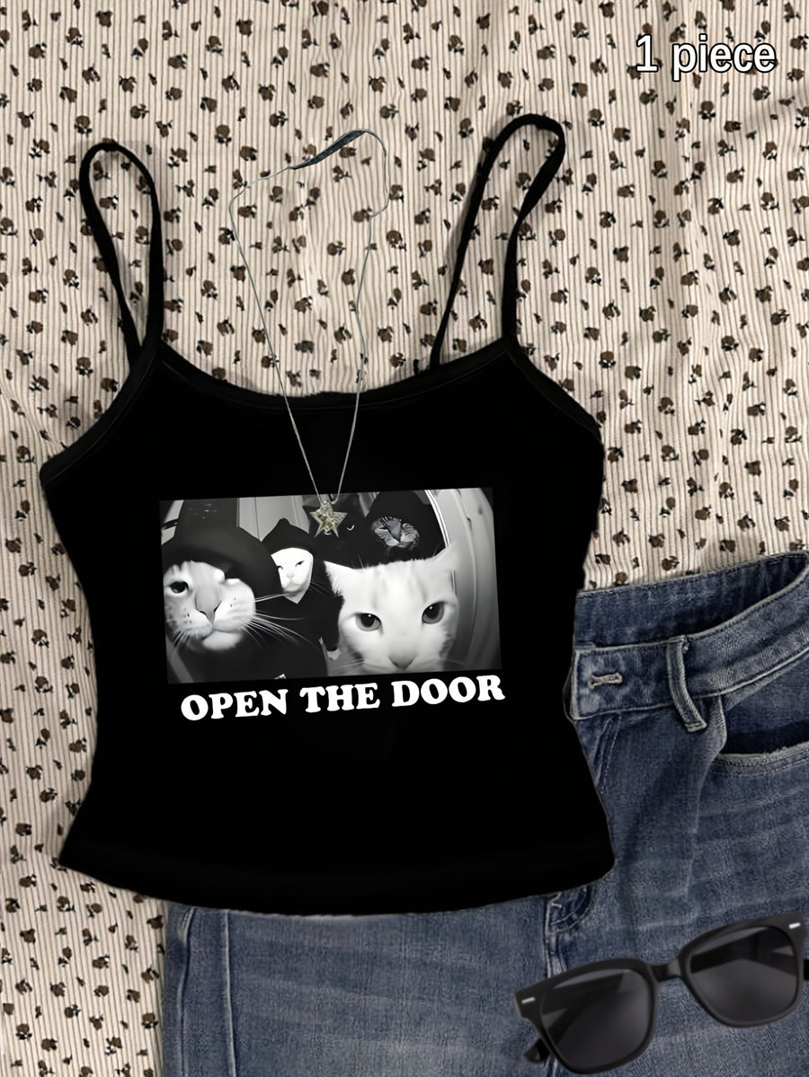 1pc Women's Mini Camisole Top with a Playful and Energetic Cat Print. Features a Cool and Edgy Vibe, Effortlessly Creating a Girly Style. Offers a Youthful and Age-reducing Effect, Adding Both Vitality and a Youthful Look. Suitable for Various Styles - Black