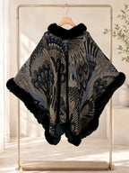 Women's Faux Trim Cape Shawl, Pea Rooster Pattern Acrylic Poncho Wrap, Open Front Sleeveless Fall Winter Outerwear - Black