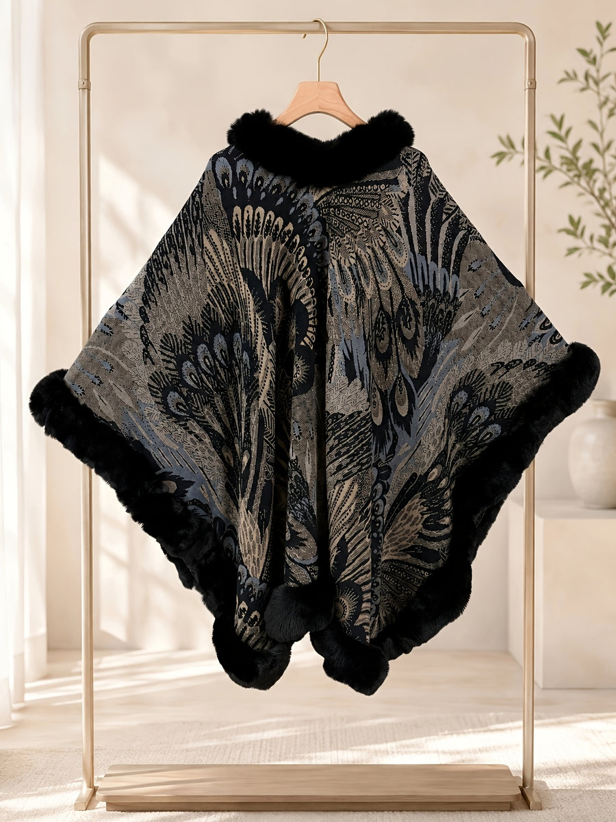 Women's Faux Trim Cape Shawl, Pea Rooster Pattern Acrylic Poncho Wrap, Open Front Sleeveless Fall Winter Outerwear - Black