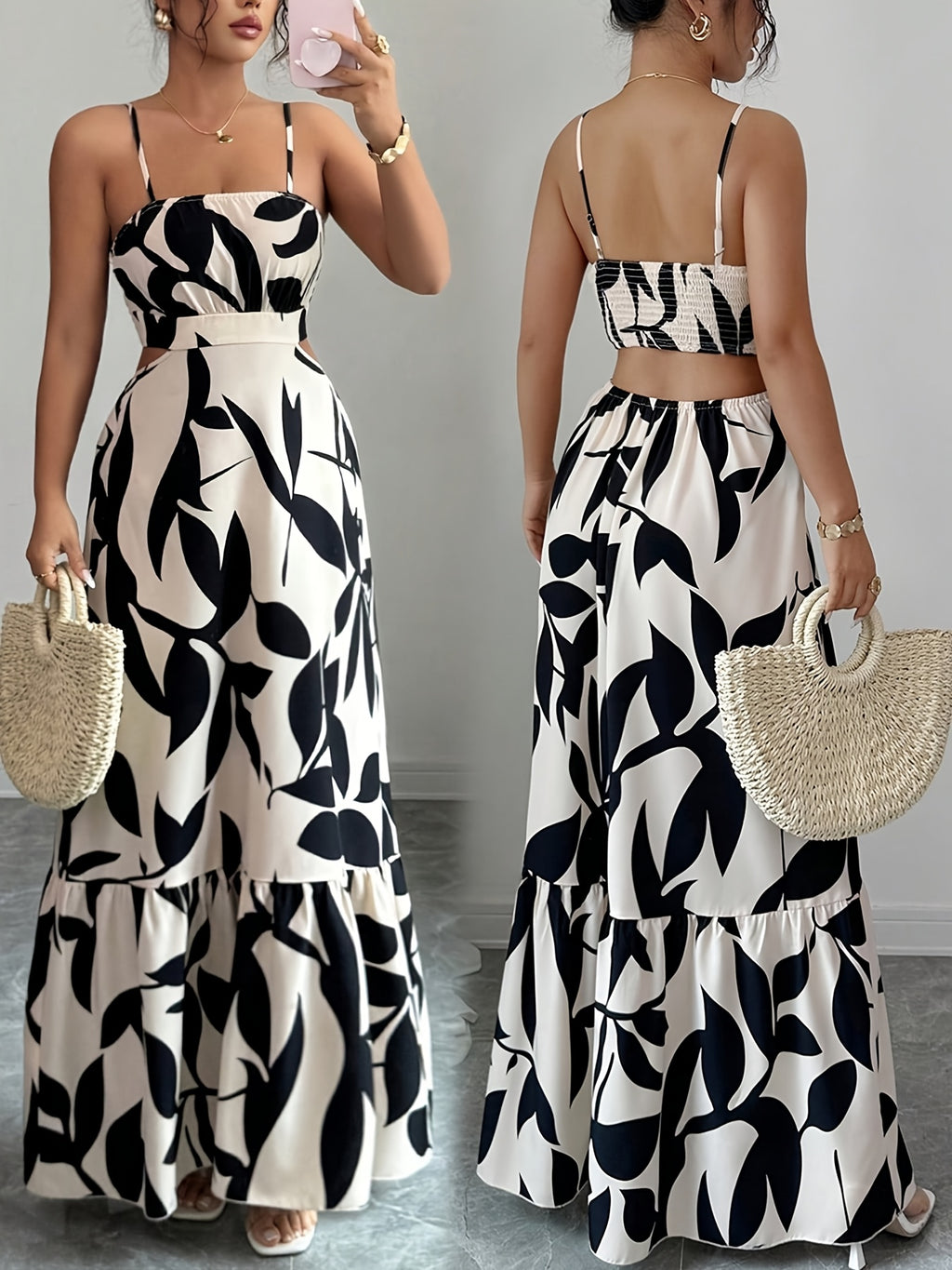 Elegant Women's Printed Cinched Waist Maxi Dress, Summer Long Backless Dress with Bow Tie Straps, for Vacation, Daily Wear, Parties, Flowy Dress - Mixed colors