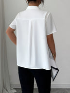 Elegant Collar Geometric Black and White Line Print Asymmetrical Hem Open Front Versatile Commuter Short Sleeve Shirt for Spring, Summer, and Fall, Suitable for Outings and Dates - Multicolor