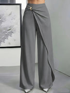 High-Waisted Draped Wide-Leg Pants for Women, Designer Twist Knot Metal Buckle, Elegant Commuter Advanced Feel Long Pants - Grey