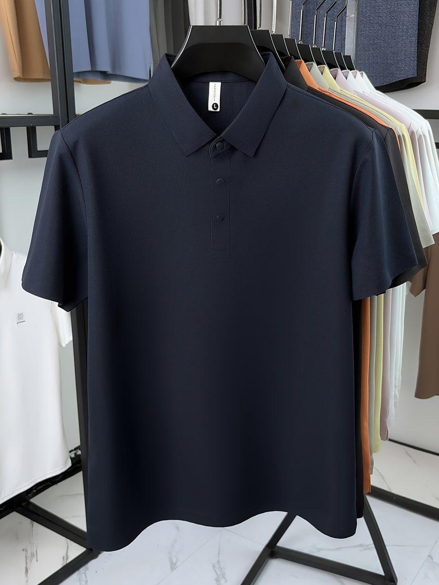 SaXing OBM New Spring/Summer Men's Polo Shirt, Old Money Style Textured Waffle Knit Solid Color Contrast Seamless Half-Placket Single-Breasted Lapel Short-Sleeve T-Shirt, Men's Fashionable Versatile Pullover Base Layer Top with Split Hem Design - Navy Color