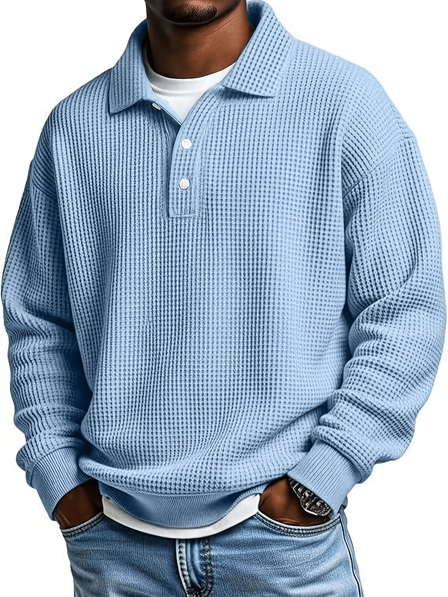 Men'S Waffle Checkered Color-Block Long Sleeve Collared Sweatshirt, Solid Color Patchwork Pullover, Traditional Casual Design with Outdoor Layering Long Sleeve, Suitable for Various Activities - Sky Blue
