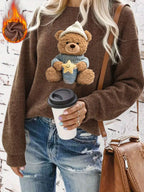 Autumn And Winter Animal Cartoon Pattern Printed Design Women'S Casual Warm Round Neck Sweater for The Fall And Winter Season - Dark Brown