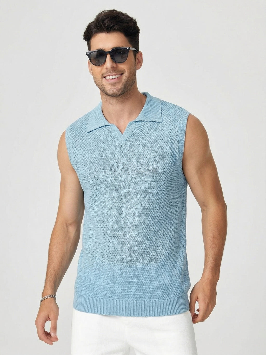 Summer Vacation Style Men'S Textured Knit Vest, Sleeveless Lapel Breathable Beach Top - Sky Blue