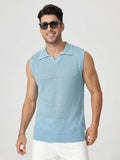 Summer Vacation Style Men'S Textured Knit Vest, Sleeveless Lapel Breathable Beach Top - Sky Blue