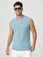 Summer Vacation Style Men'S Textured Knit Vest, Sleeveless Lapel Breathable Beach Top - Sky Blue