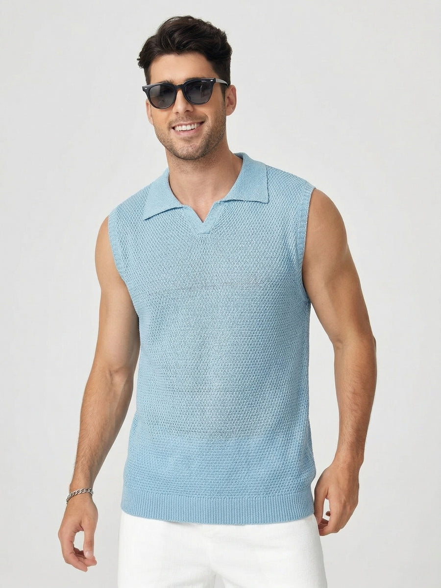 Summer Vacation Style Men'S Textured Knit Vest, Sleeveless Lapel Breathable Beach Top - Sky Blue